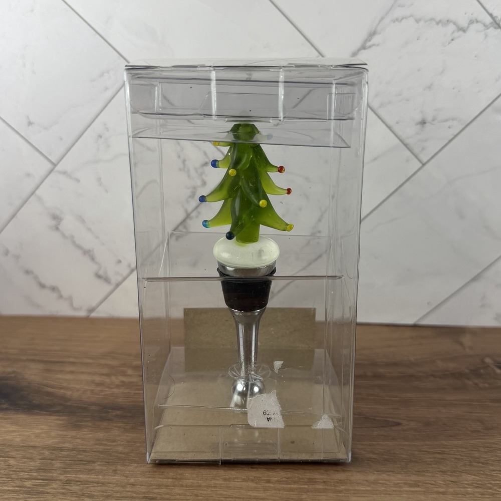 Pier 1 Imports Christmas Tree Bottle Stopper Green Glass Metal Stem w/ Gift Box - Picture 5 of 8